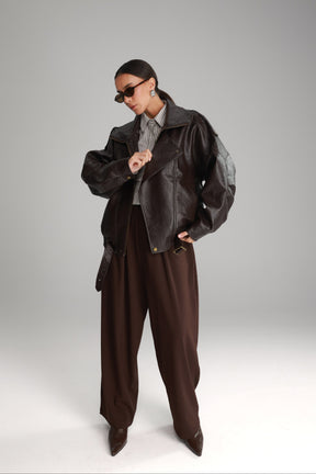 מעיל מייק דמוי עור חום כהה