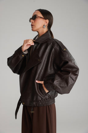 מעיל מייק דמוי עור חום כהה