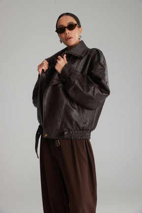 מעיל מייק דמוי עור חום כהה