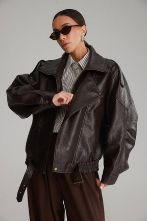 מעיל מייק דמוי עור חום כהה