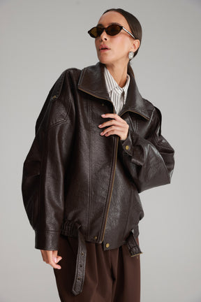 מעיל מייק דמוי עור חום כהה