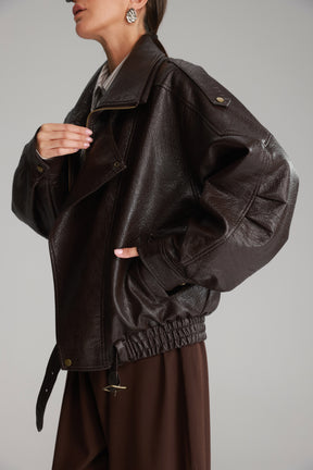 מעיל מייק דמוי עור חום כהה