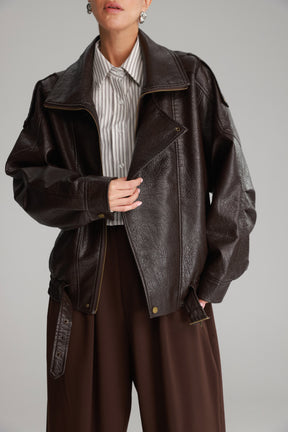 מעיל מייק דמוי עור חום כהה