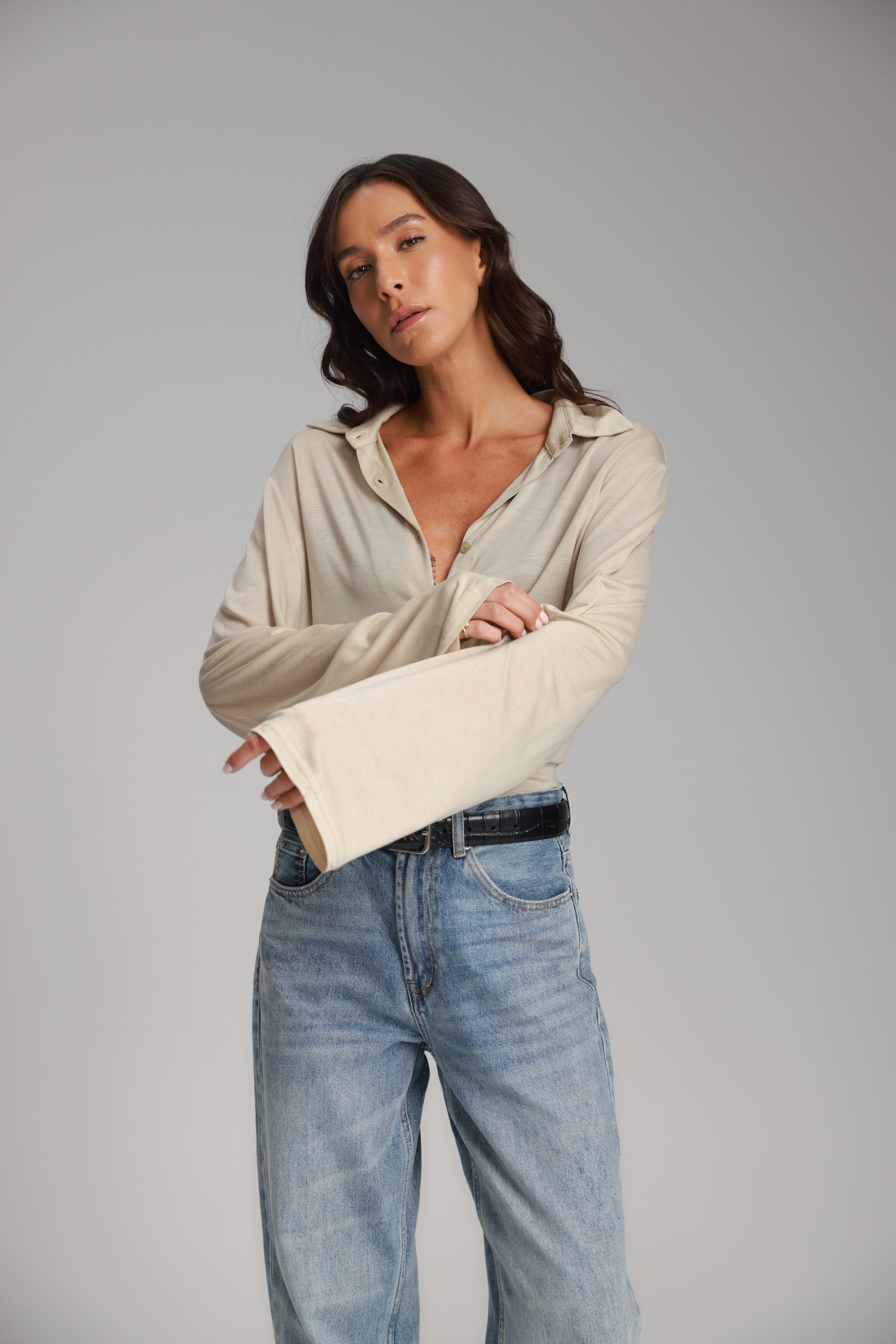 חולצת ליבי מכופתרת בז'