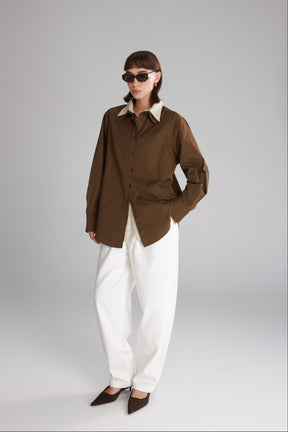 חולצת הנרי מכופתרת חומה