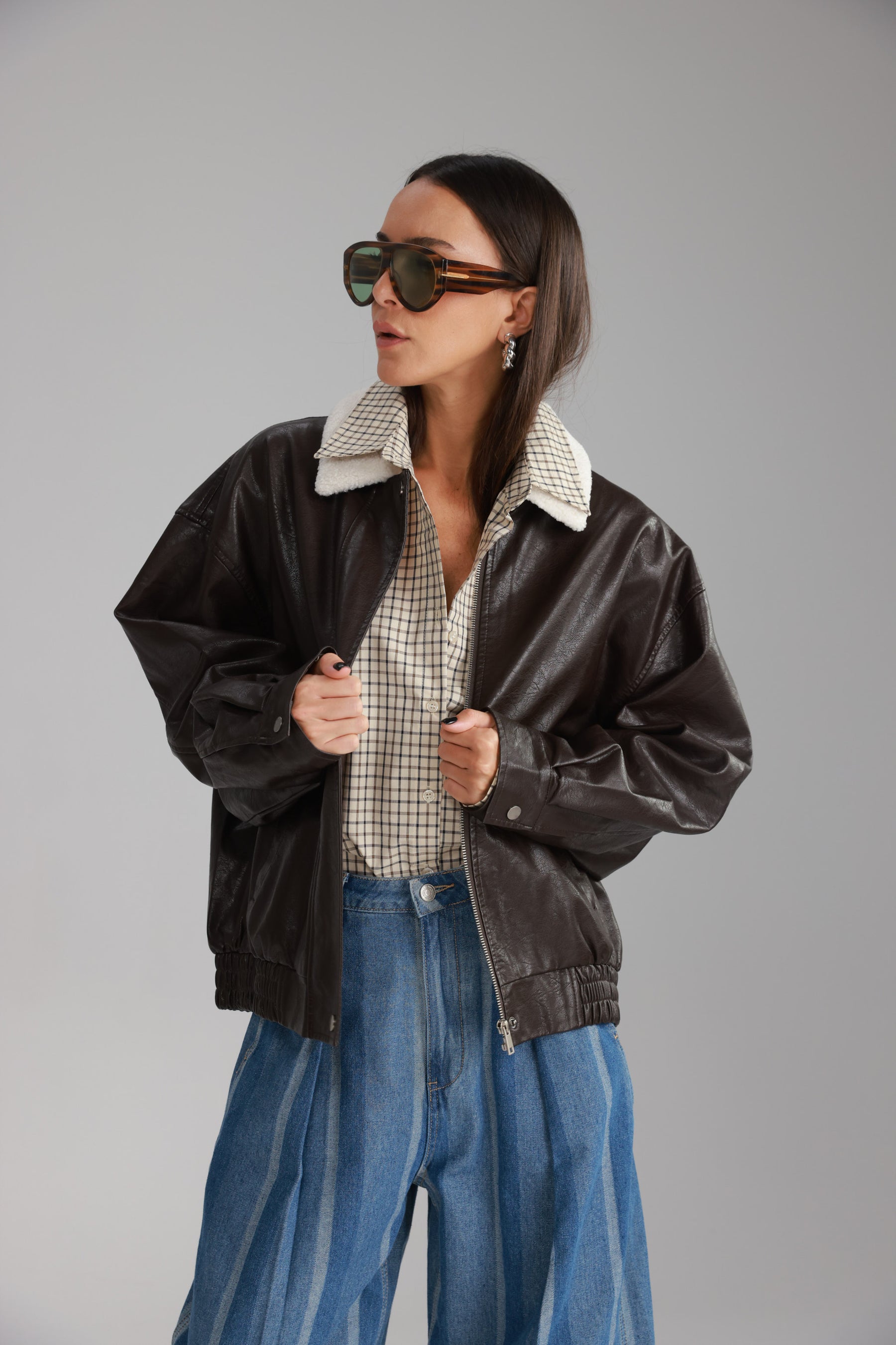 מעיל ברנדון דמוי עור חום כהה