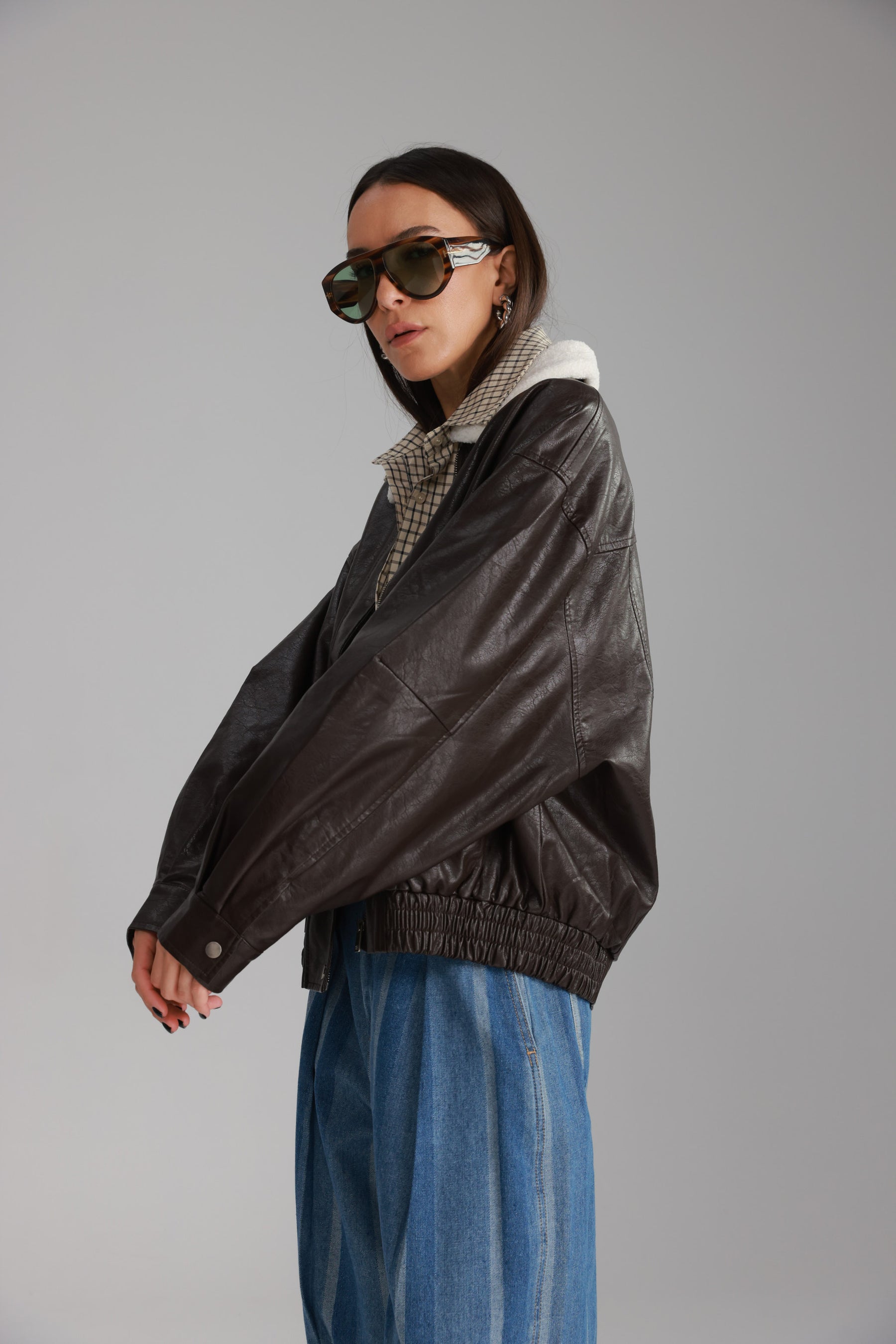 מעיל ברנדון דמוי עור חום כהה