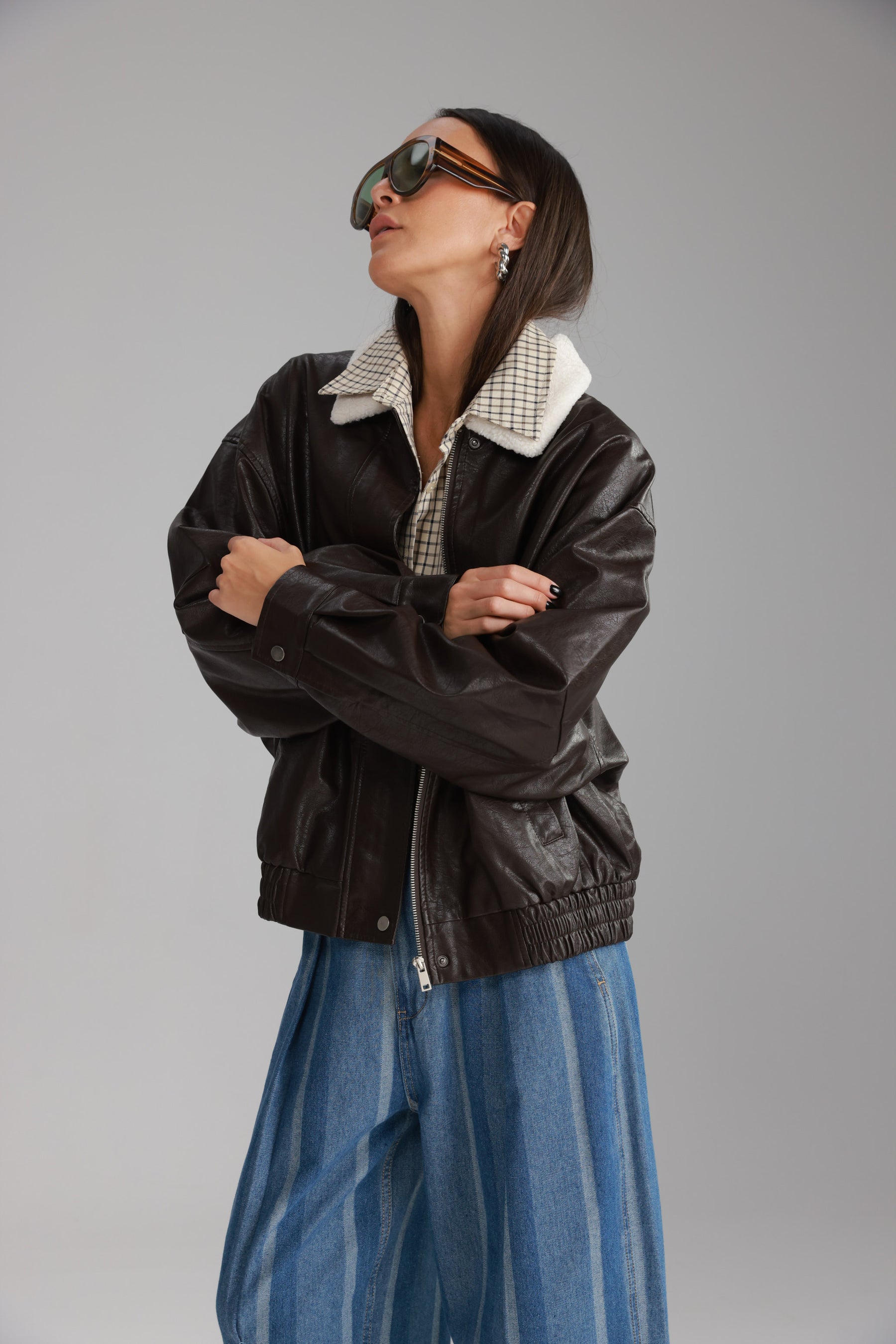 מעיל ברנדון דמוי עור חום כהה