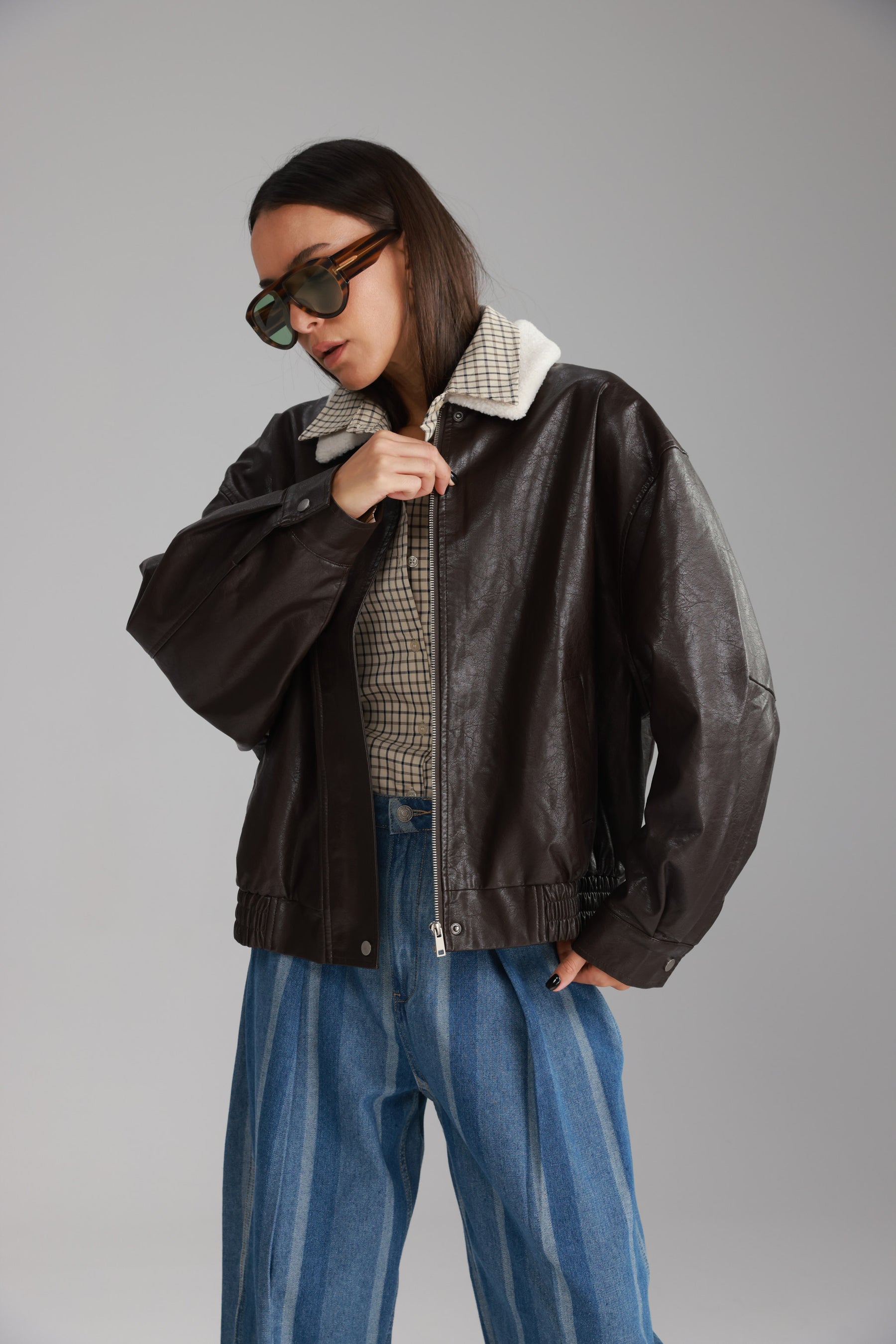 מעיל ברנדון דמוי עור חום כהה