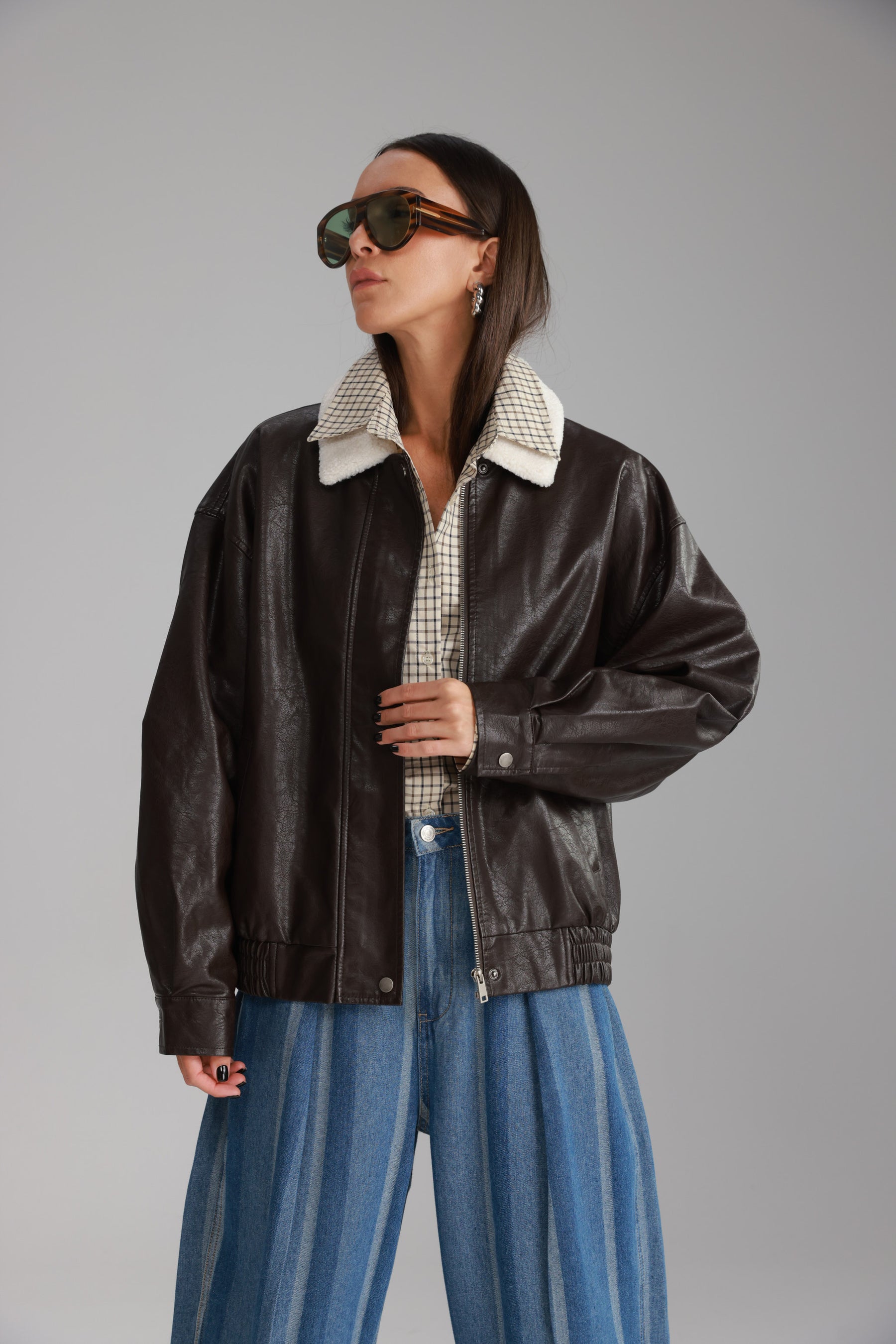 מעיל ברנדון דמוי עור חום כהה