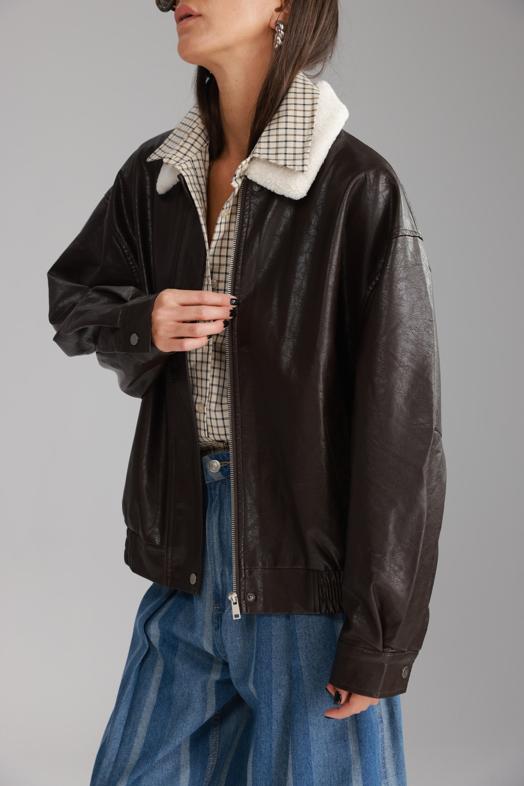 מעיל ברנדון דמוי עור חום כהה