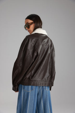 מעיל ברנדון דמוי עור חום כהה