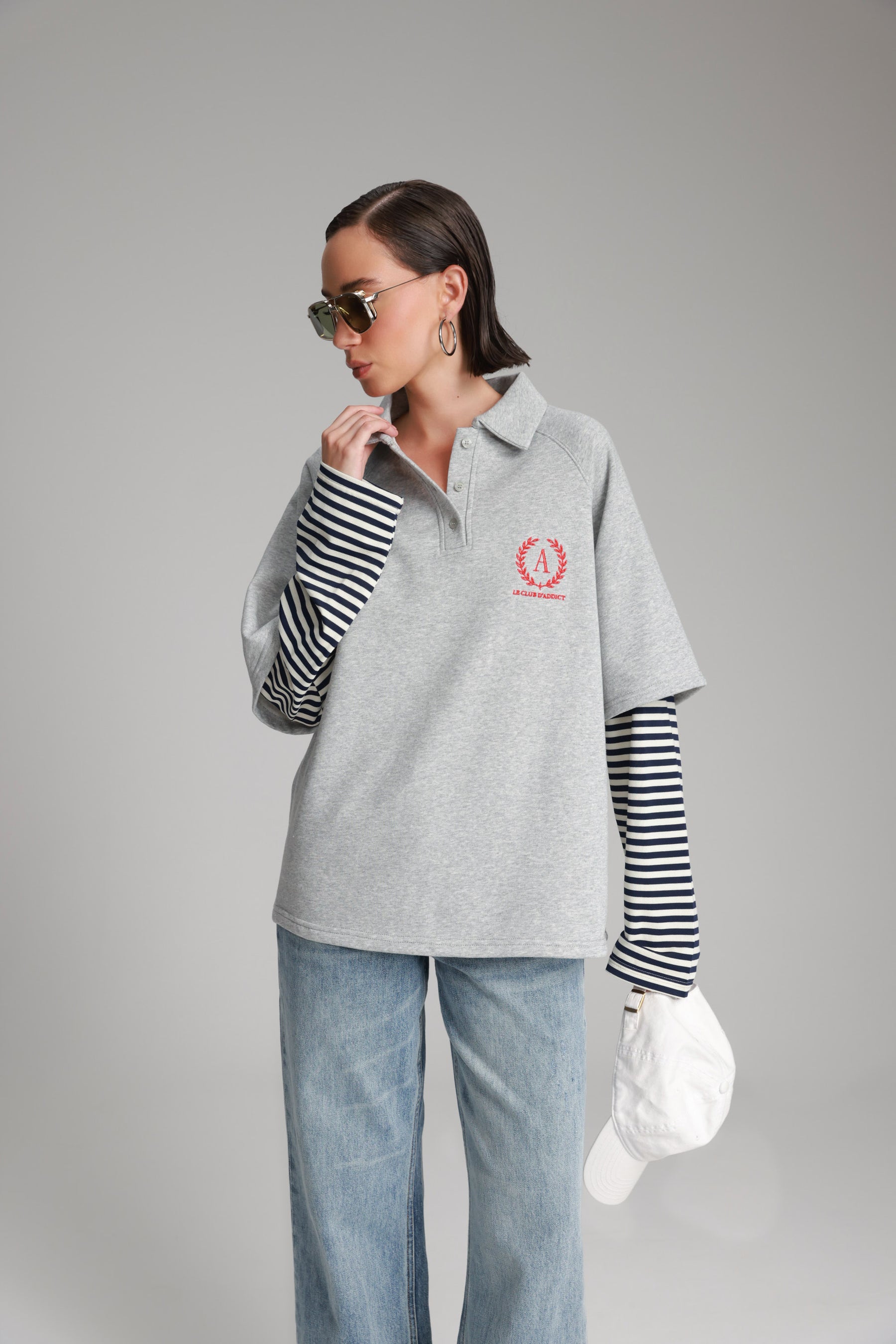 חולצת מריו אפור בהיר/נייבי