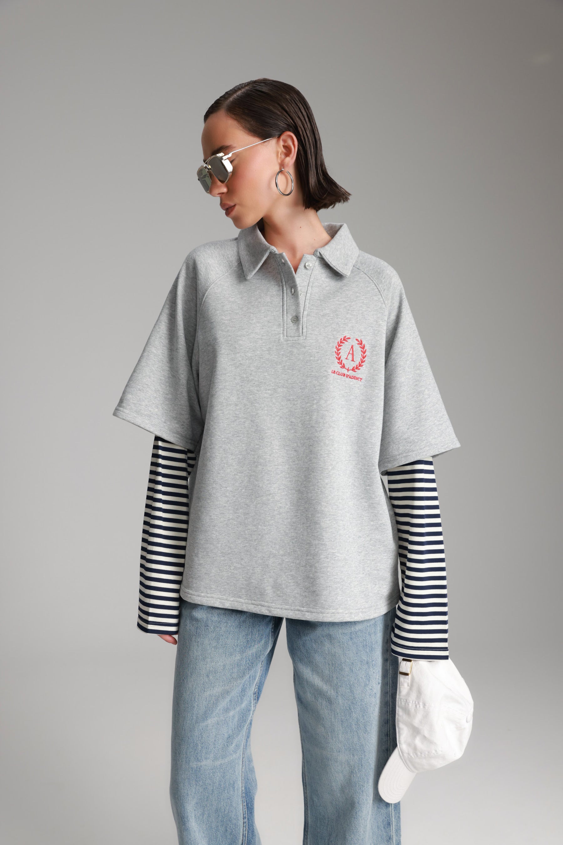 חולצת מריו אפור בהיר/נייבי