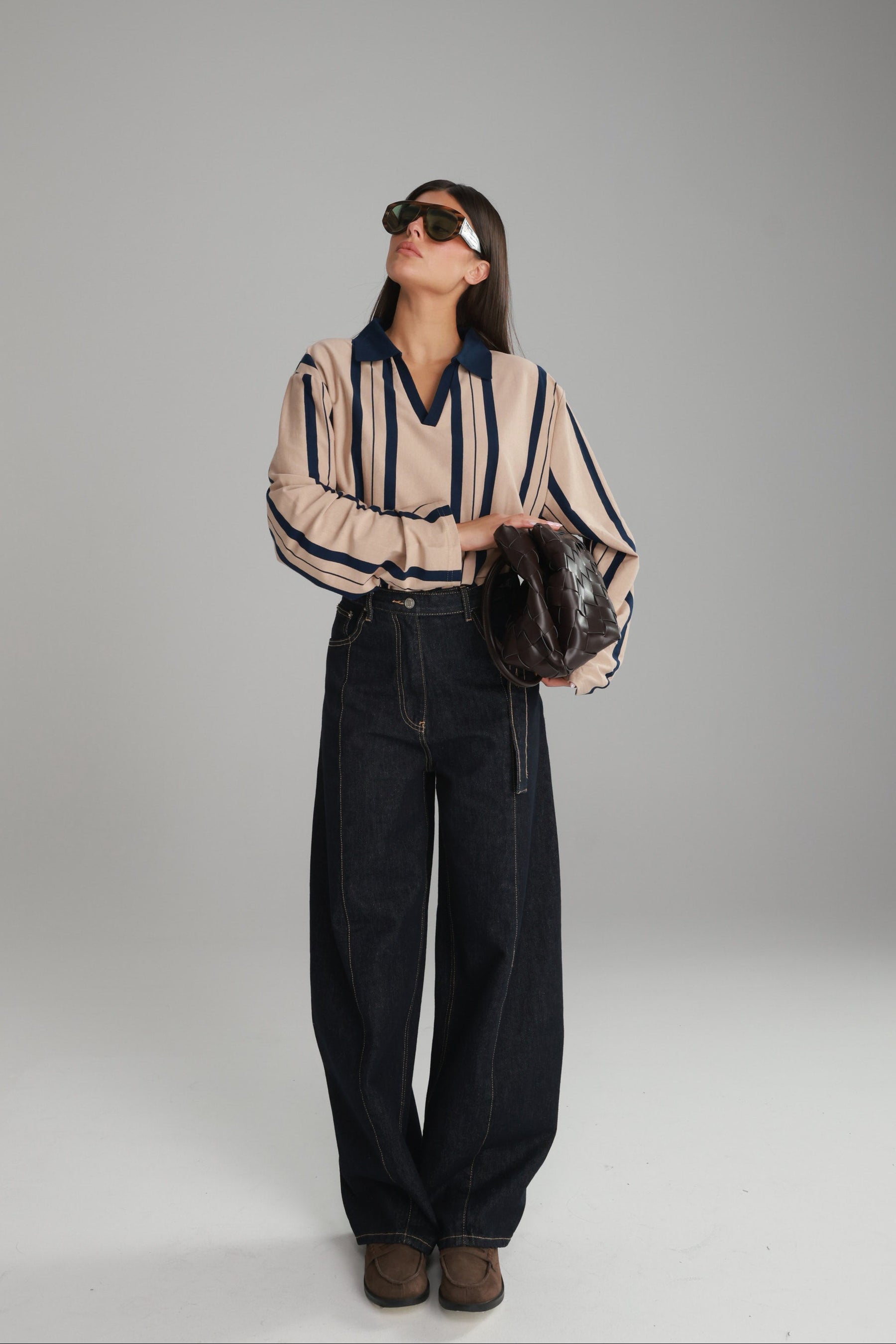 חולצת לינה פסים בז'/נייבי