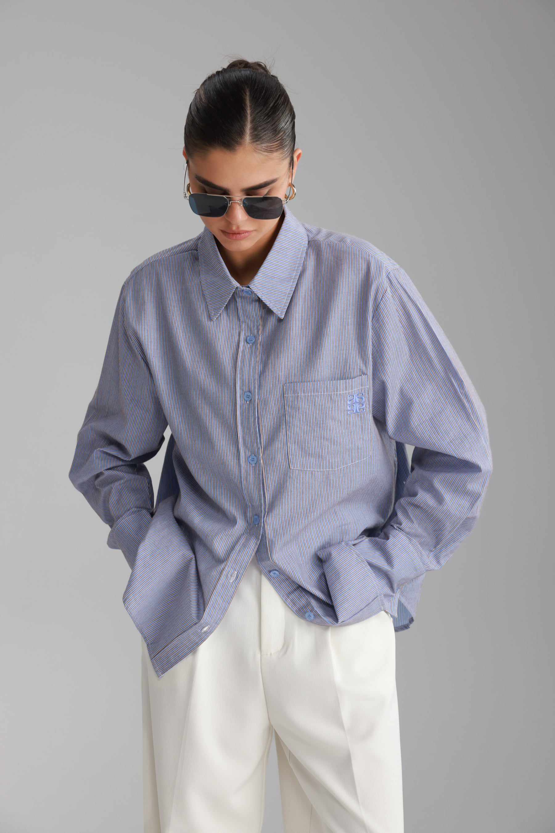 חולצת רוסו מכופתרת תכלת/חום