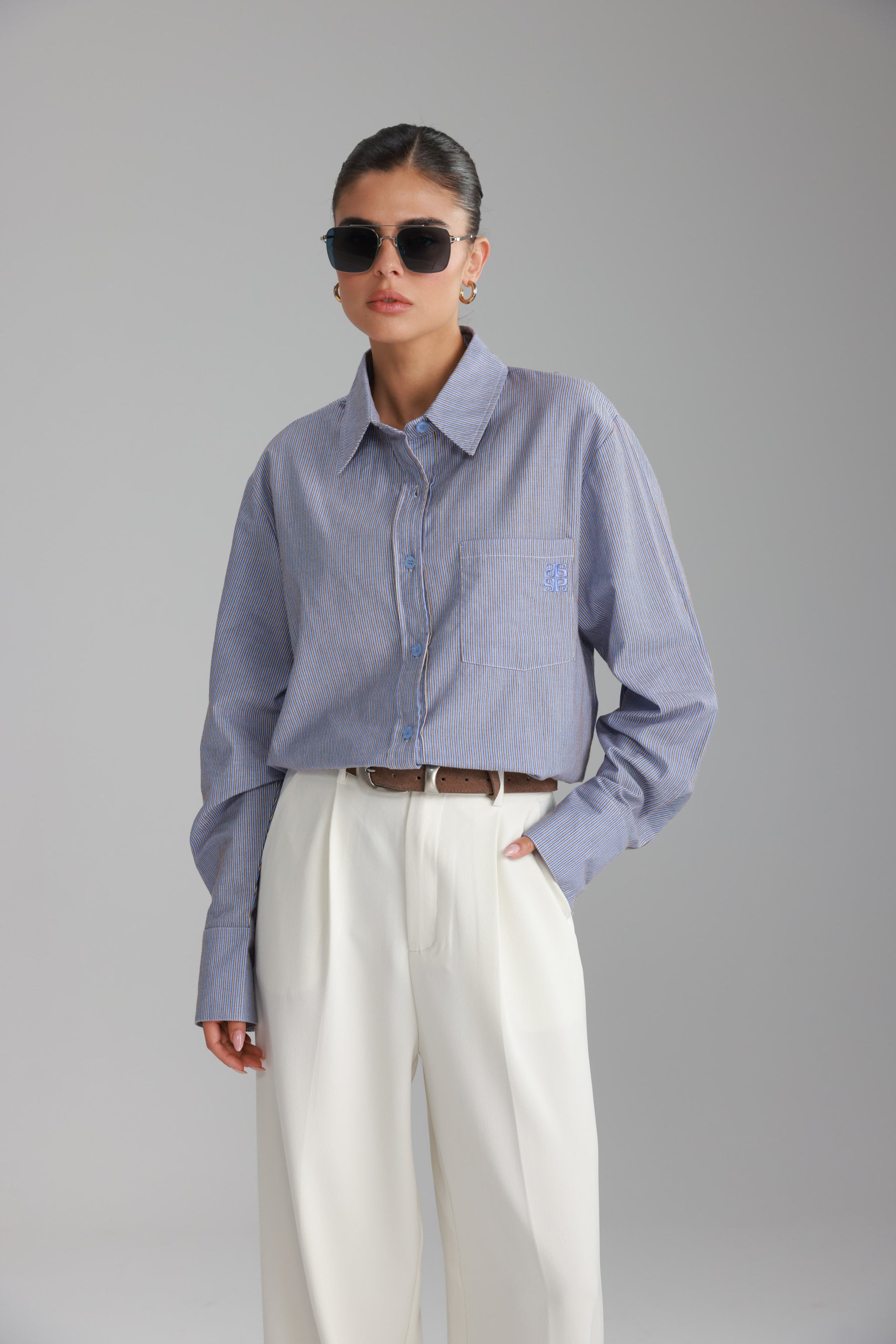 חולצת רוסו מכופתרת תכלת/חום