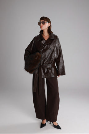 מעיל רודי דמוי עור חום כהה