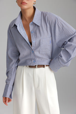 חולצת רוסו מכופתרת תכלת/חום