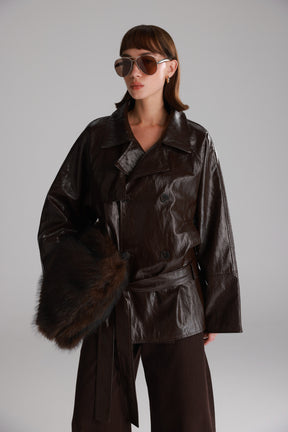 מעיל רודי דמוי עור חום כהה