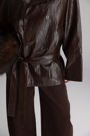 מעיל רודי דמוי עור חום כהה