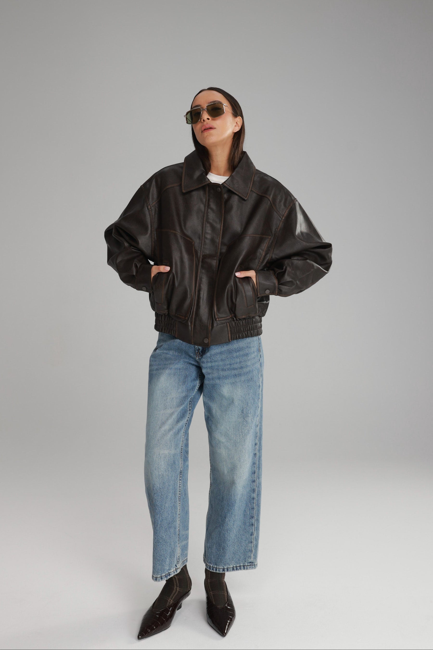 מעיל רובי דמוי עור חום כהה