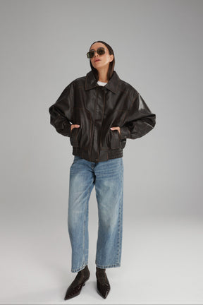 מעיל רובי דמוי עור חום כהה