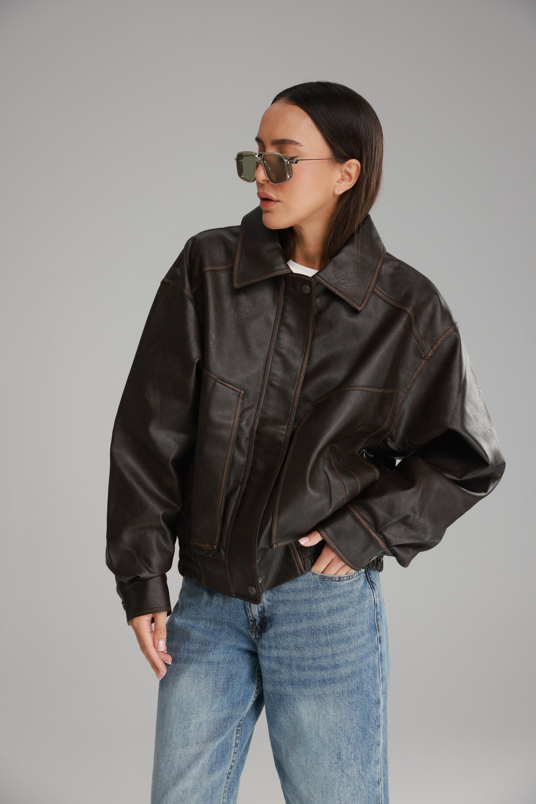 מעיל רובי דמוי עור חום כהה