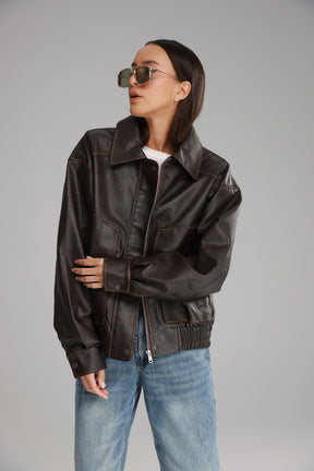 מעיל רובי דמוי עור חום כהה