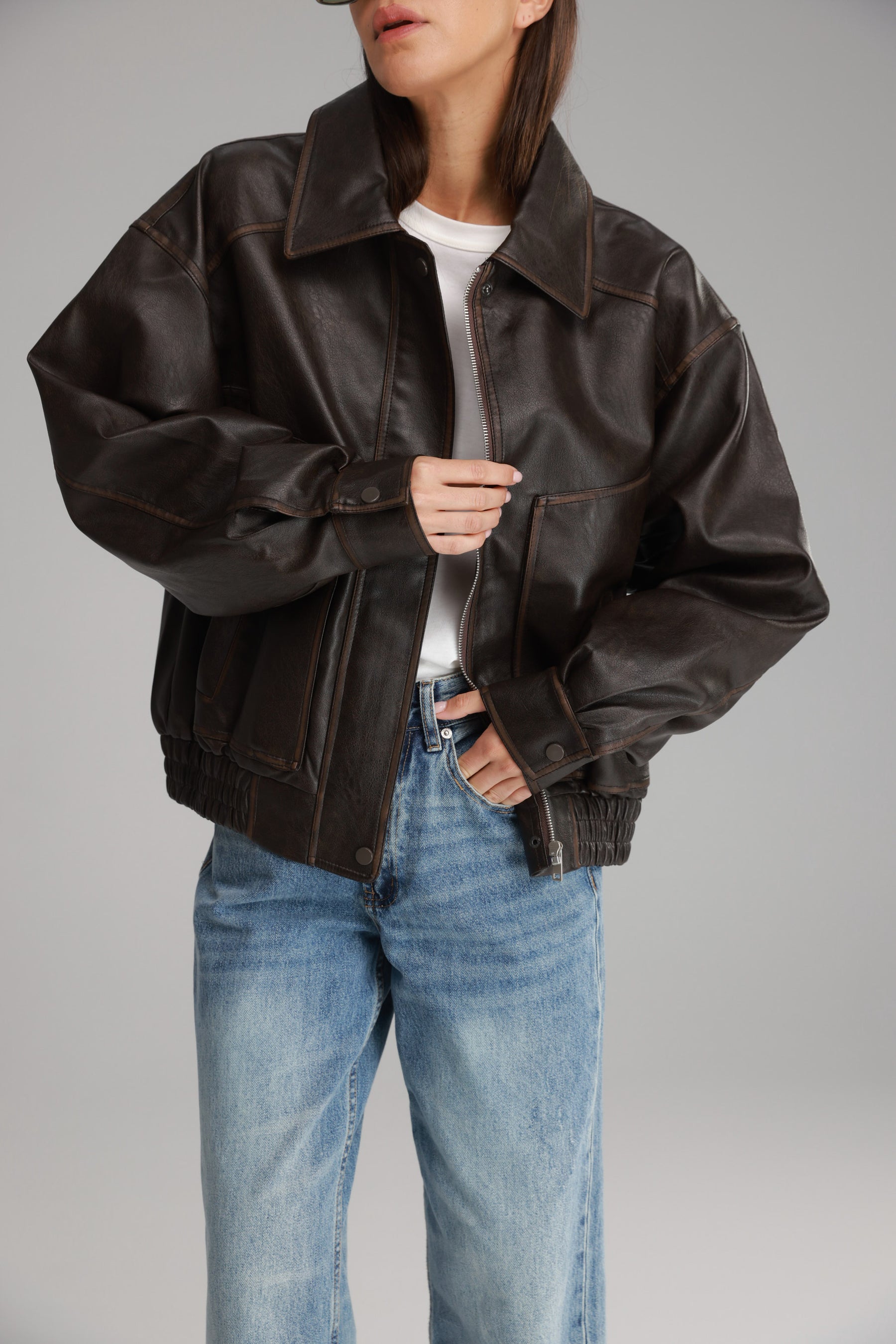 מעיל רובי דמוי עור חום כהה