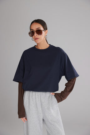 חולצת ג'נר נייבי/חום