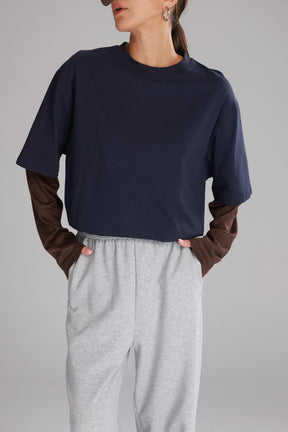 חולצת ג'נר נייבי/חום