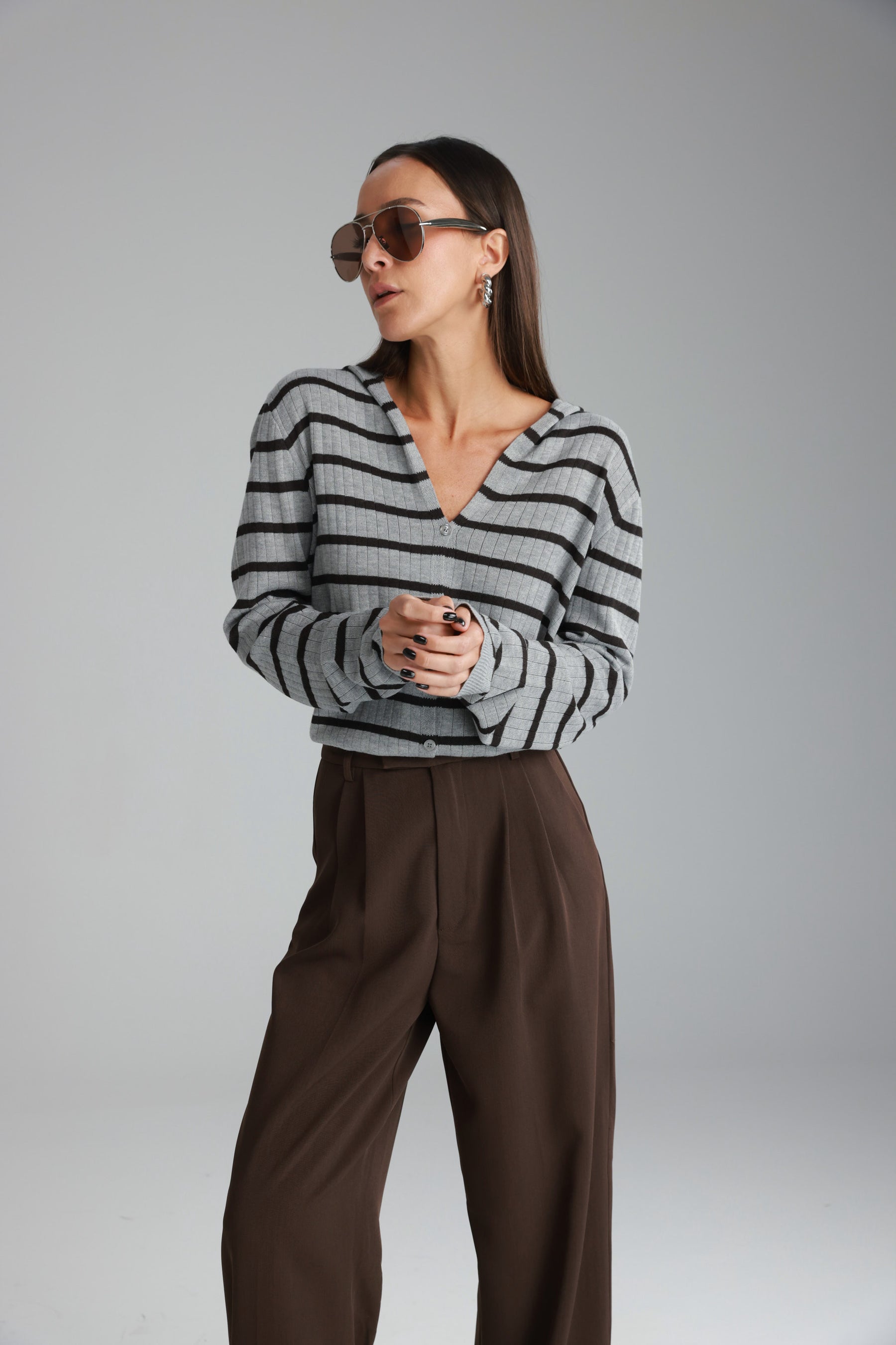 סריג לייק פסים אפור/חום כהה