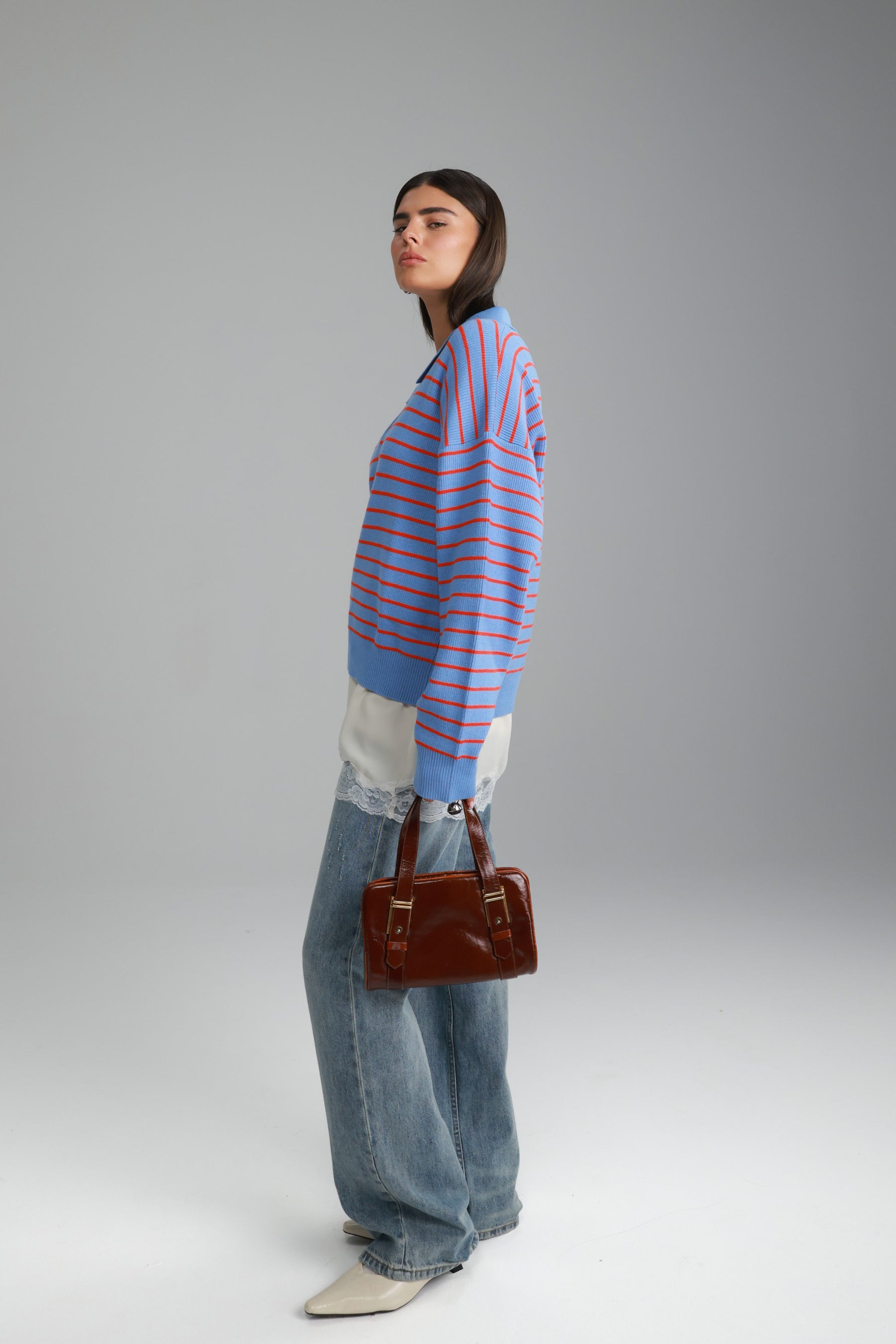 סריג קנדי פסים כחול בהיר/אדום