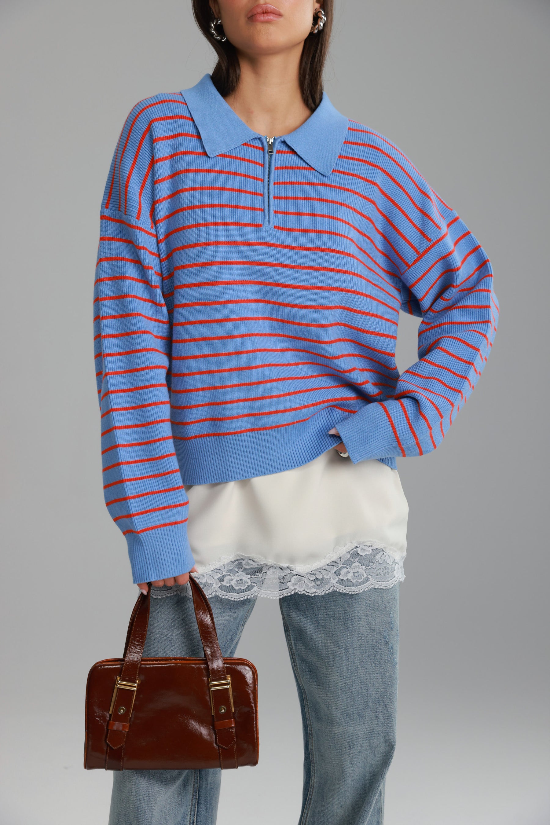 סריג קנדי פסים כחול בהיר/אדום