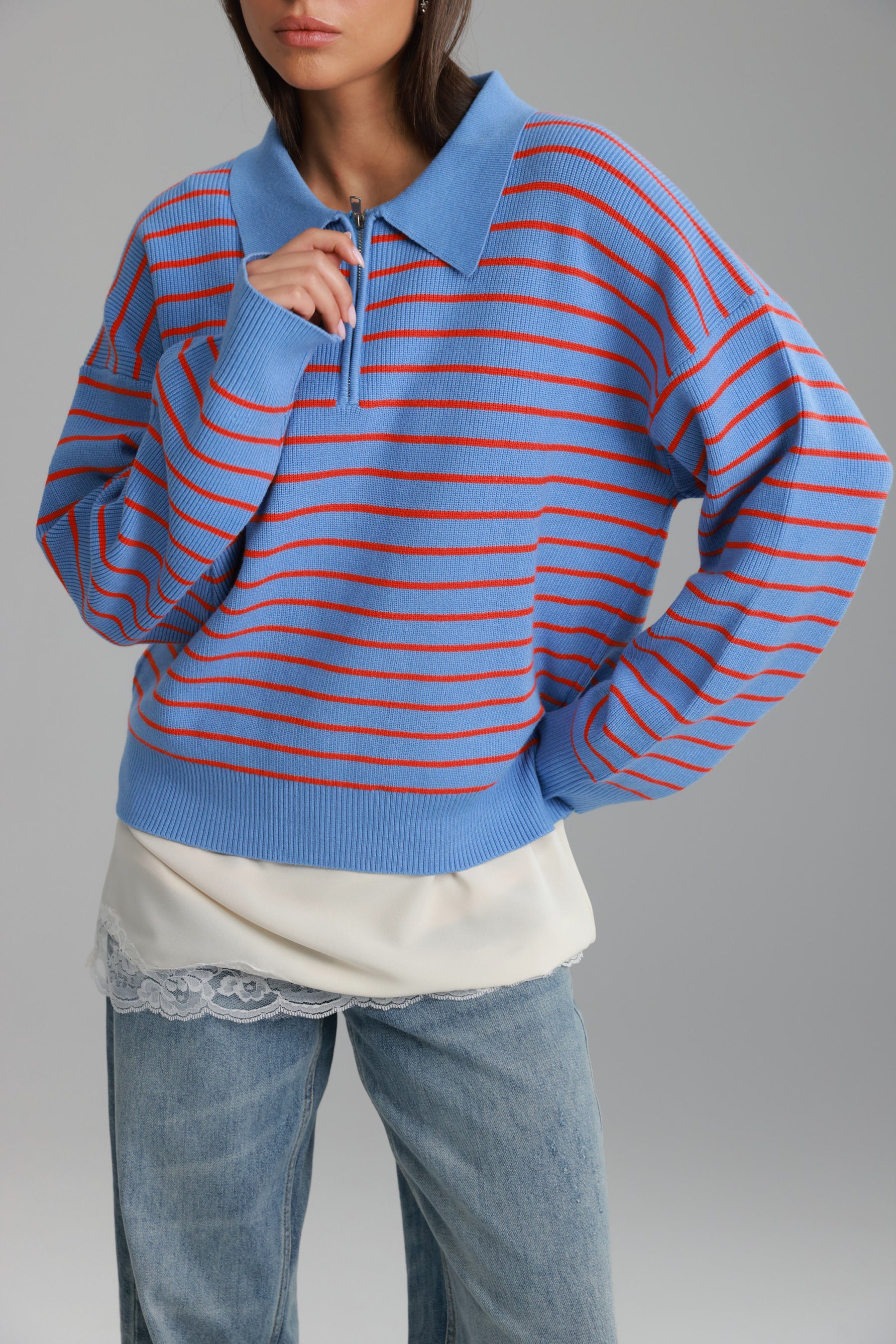 סריג קנדי פסים כחול בהיר/אדום