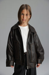 מעיל האנה דמוי עור חום כהה