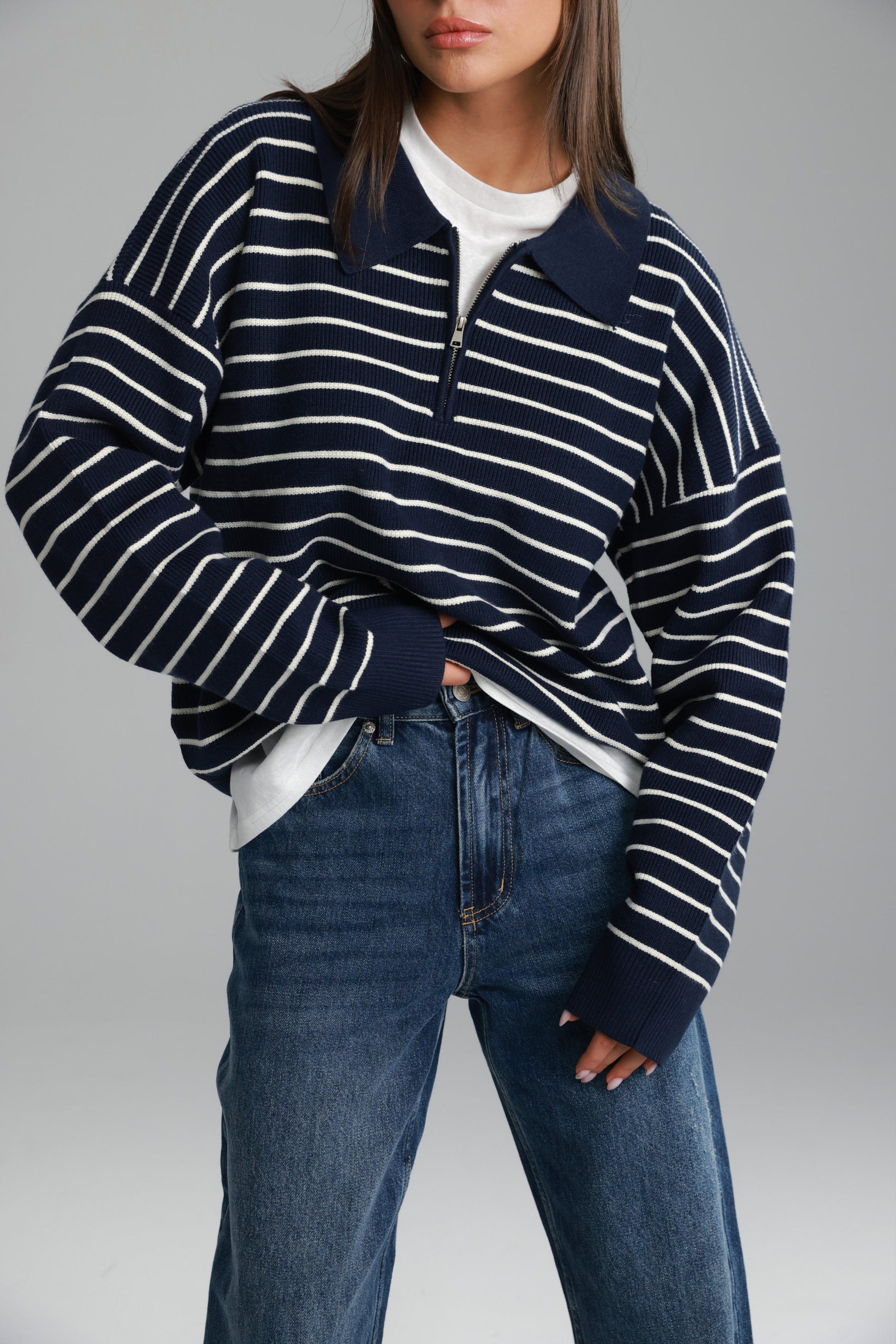 סריג קנדי פסים נייבי/לבן