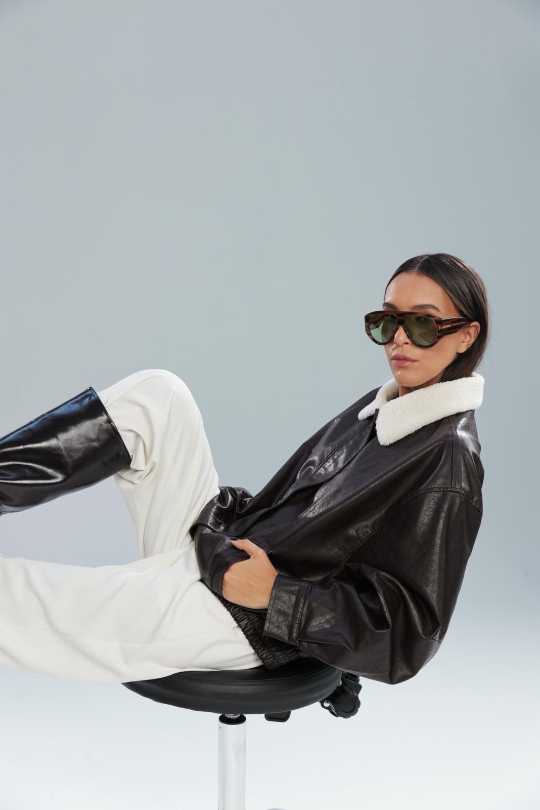 מעיל ברנדון דמוי עור חום כהה