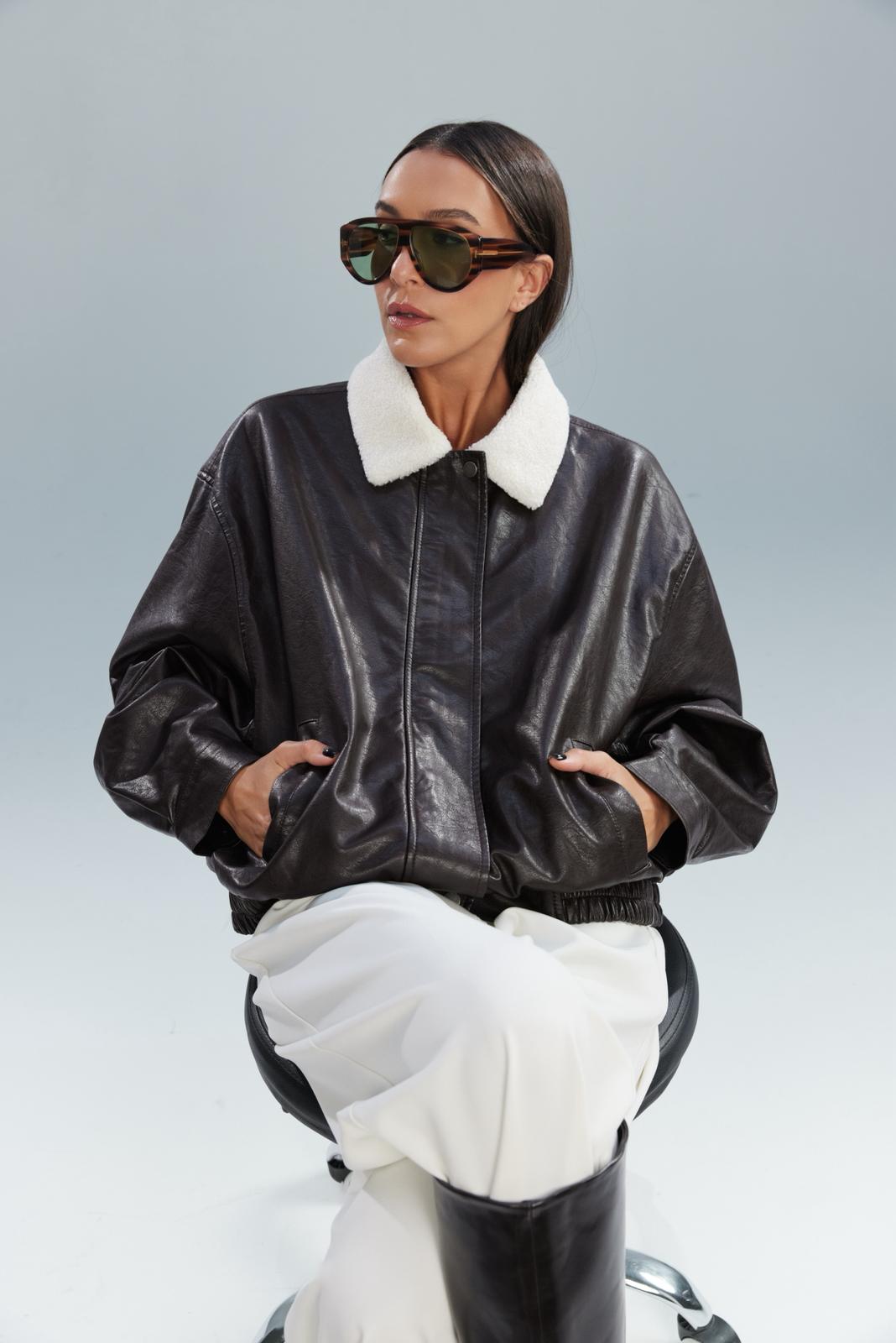 מעיל ברנדון דמוי עור חום כהה